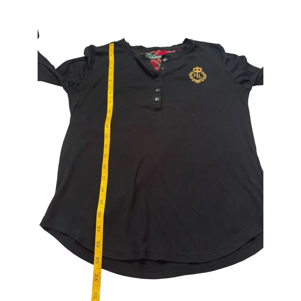 RALPH LAUREN LRL Gold Embroidered Logo Henley Tee in Black Size Medium Womens